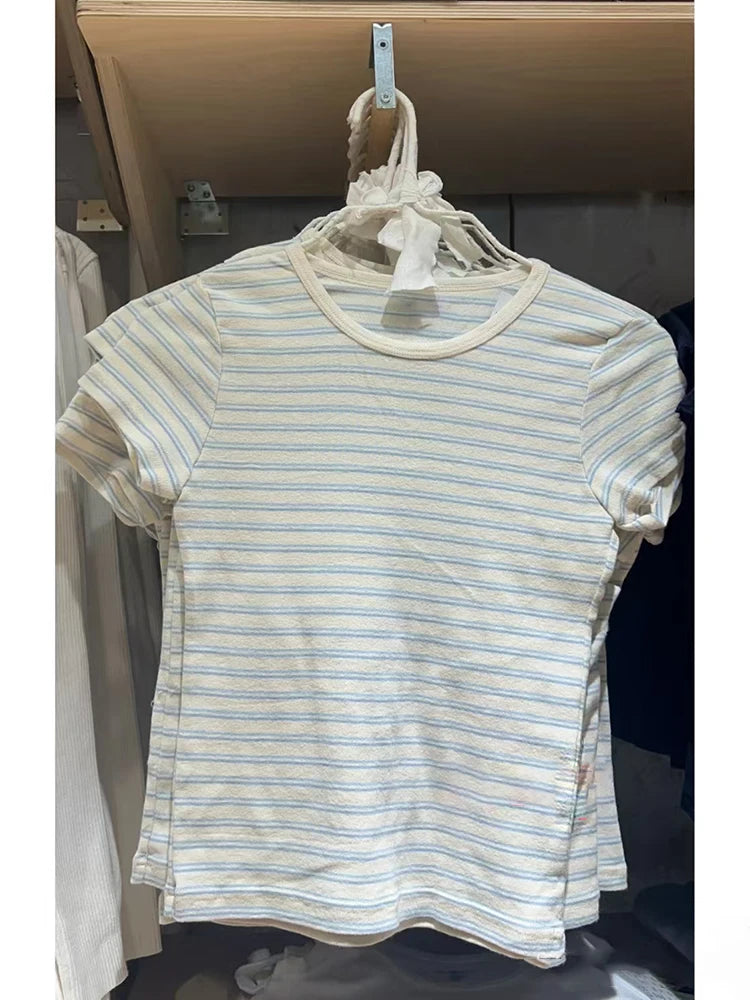 LIZAKOSHT  -  Pink Striped Slim T-shirts Woman Summer Round Neck Short Sleeve Tee Shirts Female Sweet Cute Preppy Style Cotton Tshirt Y2k Tops