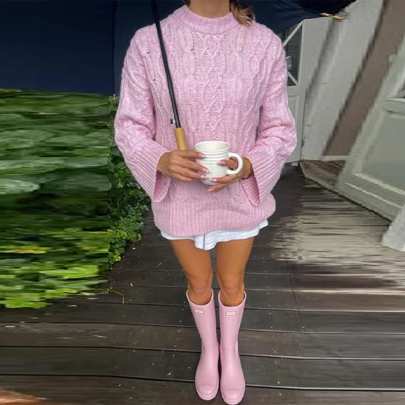 LIZAKOSHT  -  Women's Sweater Pink Sweet Pullover Round Neck Knit Tops Ladies Winter Sweaters Y2K Vintage Christmas Crochet Clothes