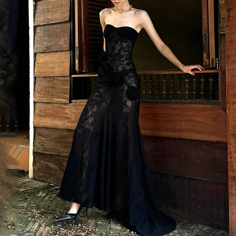 LIZAKOSHT  -  Summer Lace Strapless 3D Flowers Appliques Long Sleeveless Prom Club Dress See Through Sexy Solid Sheath Dress Vestidos