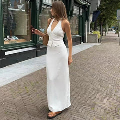 LIZAKOSHT  -  Halter Tank Top Skirt Set Women 2 Piece Single Breasted Backless Bandage Vest Split Long Skirt Matching Sets Lady Outfit