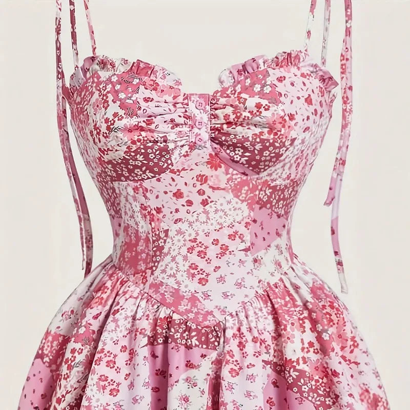 LIZAKOSHT  -  French Summer New Fashion Temperament Beach Lady Sexy Camisole Elastic Waist Mini Dress Floral Short Dresses Casual Y2k Clothes