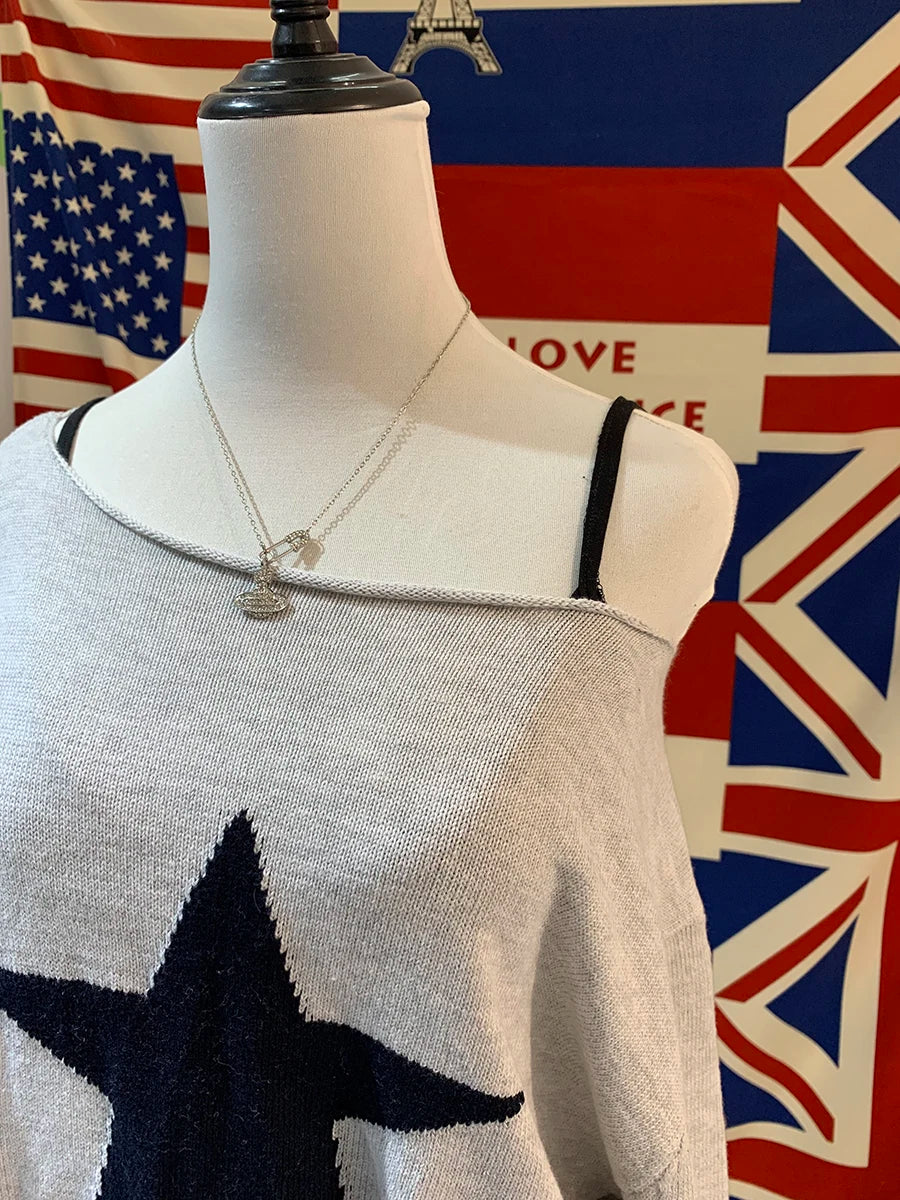 LIZAKOSHT  -  Star Jacquard Sweater Woman Autumn Raw Hem Slash Neck Long Sleeve Pullover Female Casual Vintage Preppy Style Loose Jumpers Top