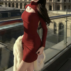 LIZAKOSHT  -  Korean Simple Style Red Flame Burgundy Deconstruction Hollow Backless Hip Dress 2026 Spring New