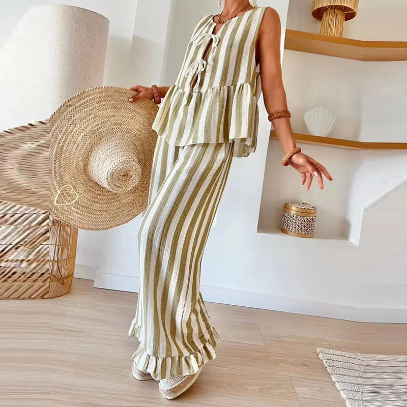LIZAKOSHT  -  Women Ruffles Patchwork 2Pcs Set Female Outfits 2025 Casual Striped Print Tie-up Blouse&Wide Leg Pants Vacation Outfit Casual