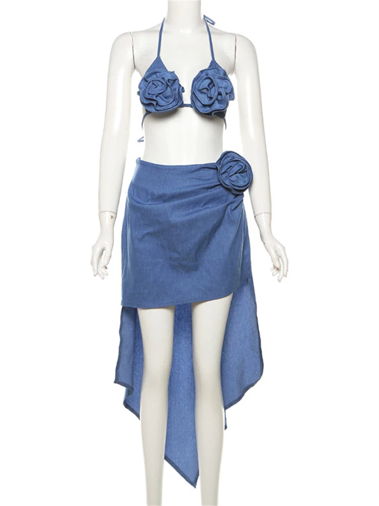 LIZAKOSHT  -  Summer Flower Appliques Sexy Two Piece Set Birthday Club For Woman 2024 Halter Bandage Bra Tops And Irregular Skirts Set