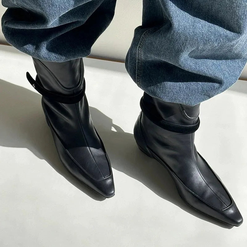 LIZAKOSHT  -  Winter New Suede Ankle Boots Women Fashion Retro Pointed Toe Belt Buckle Design Wedge Cowboy Boots Botines Para Mujeres