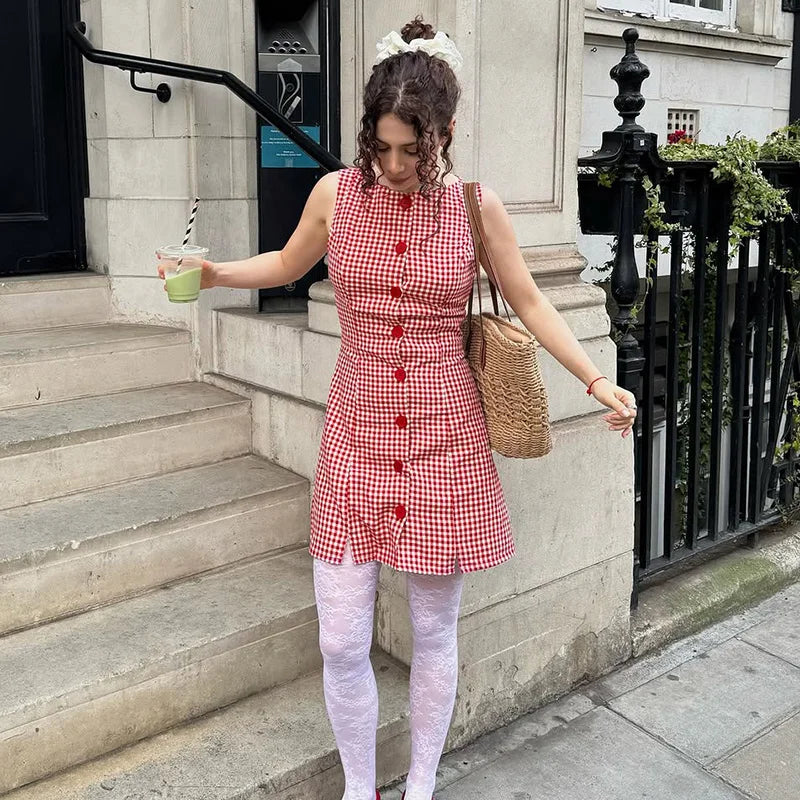 LIZAKOSHT  -  Women Red Plaid Sleeveless Buttons Short Dress Elegant Fashion Lady Streetwear Summer Y2K Sexy Crew Neck Mini Dresses