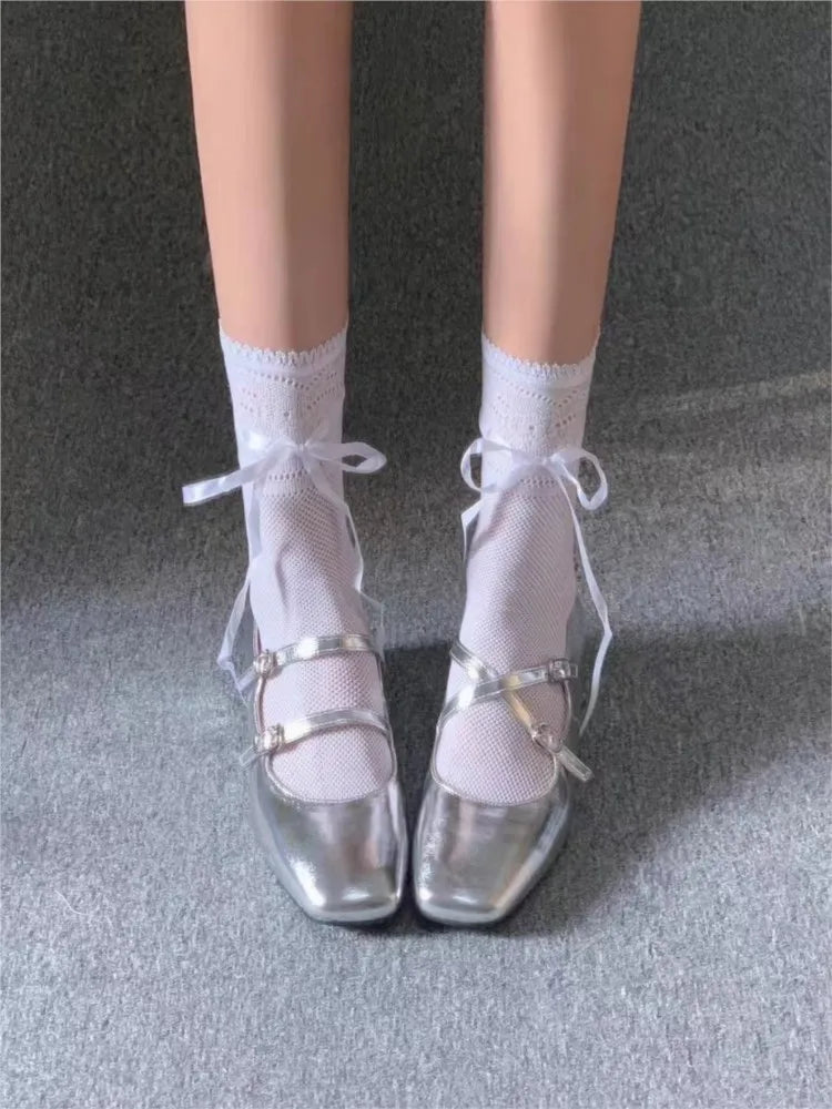 LIZAKOSHT  -  NEW Elegant Silver Ballet Shoes Lady Sweet Mary Jane Thick High-heeled Shoes Heels Retro Footwear Lolita Shoes
