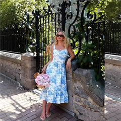 LIZAKOSHT  -  Vintage French Bird Floral Print Tank Dress Women V neck Slim Waist Folds Ruffles Hem Midi Long A-line Swing Dresses Vestidos