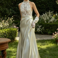 LIZAKOSHT  -  Sexy Halter Lace Sleeveless Ruched Floor Length A-Line Bride Wedding Dresses Bridal Gowns Customized