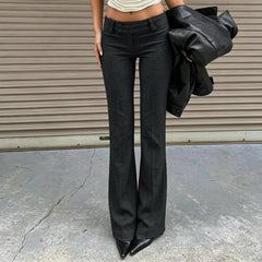 LIZAKOSHT  -   Women Low Waist Flare Suit Pants Double Button Slim Bootcut Trousers Solid Dark Gray Vintage Office Business Casual Streetwear