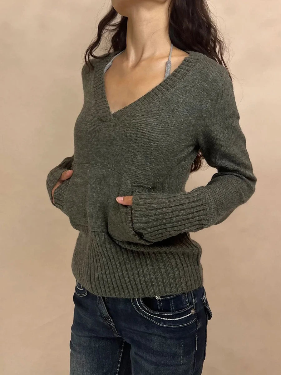 LIZAKOSHT  -  Solid Cotton Knitted Sweater Woman Pocket V-neck Long Sleeve Slim Pullover American Vintage Streetwear Preppy Style Jumper Tops