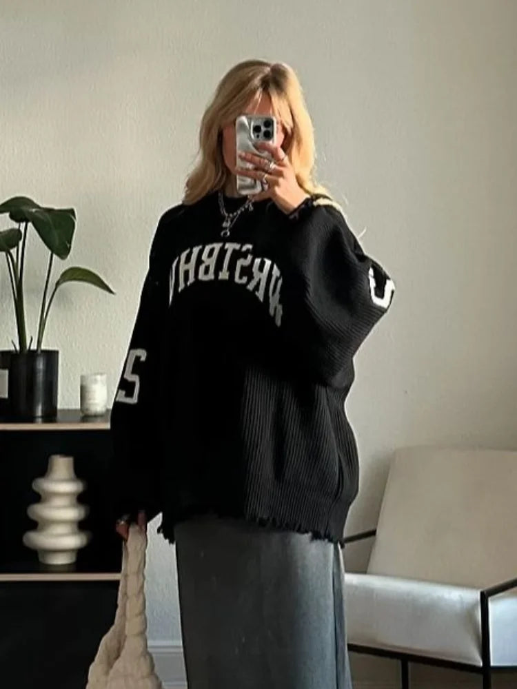 LIZAKOSHT  -  Fashion Letter Printing Knit Sweater For Women Casual O-neck Distressed Hem Oversized Pullover Lady Autumn Streetwear Tops