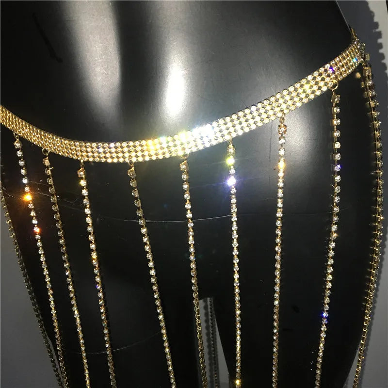LIZAKOSHT  -  Glitter Rhinestone Long Tassel Skirts For Women Handmade Sexy Diamond Chain Summer Beach Nightclub Party Skirt Belt Accessory