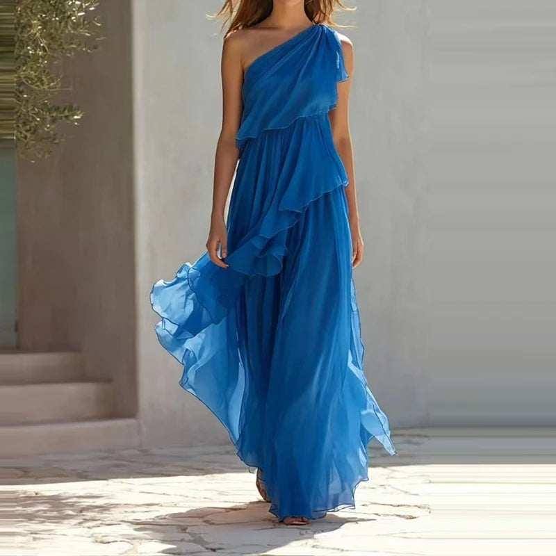 LIZAKOSHT  -  Sexy Tiered Ruffle Draped Formal Party Dress Women Elegant Asymmetrical Solid Gowns Sleeveless Slanted Shoulder Bridesmaid Dress
