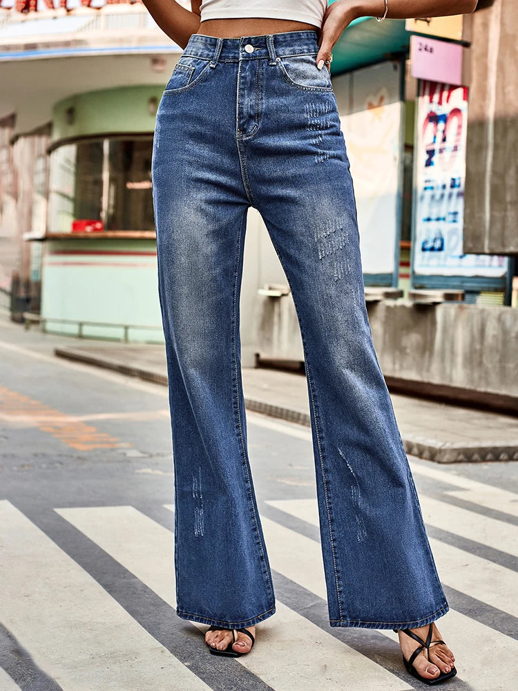 LIZAKOSHT  -  New Versatile Mid-waist Washed Denim Trousers Casual Zipper Frayed Retro Design Bell Bottom Trousers For Women Clothing