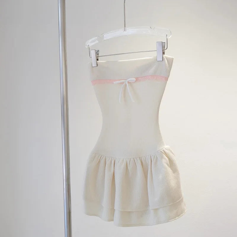 LIZAKOSHT  -  European American Style Summer New Women's Cloth Contrasting Color Splicing One-word Collar Chest-wrapped Ruffle Edge Slim Dress