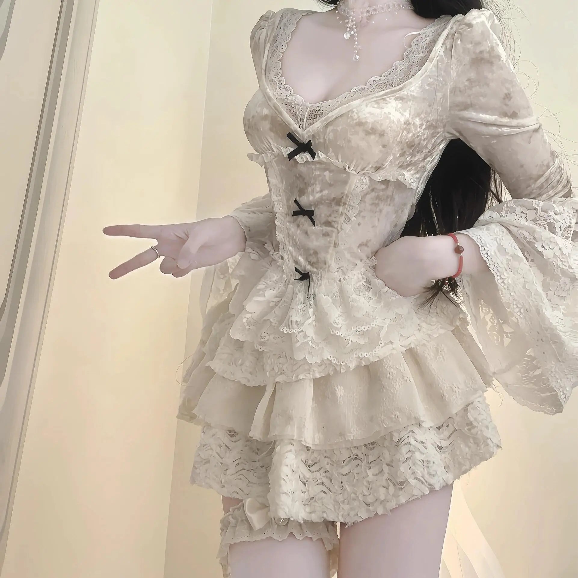 LIZAKOSHT  -  French Fluffy Skirt Two-Piece Suit Pure Lust Style Long-Sleeved Top Sweet And Spicy Slimming Lace Splicing Chic Versatile