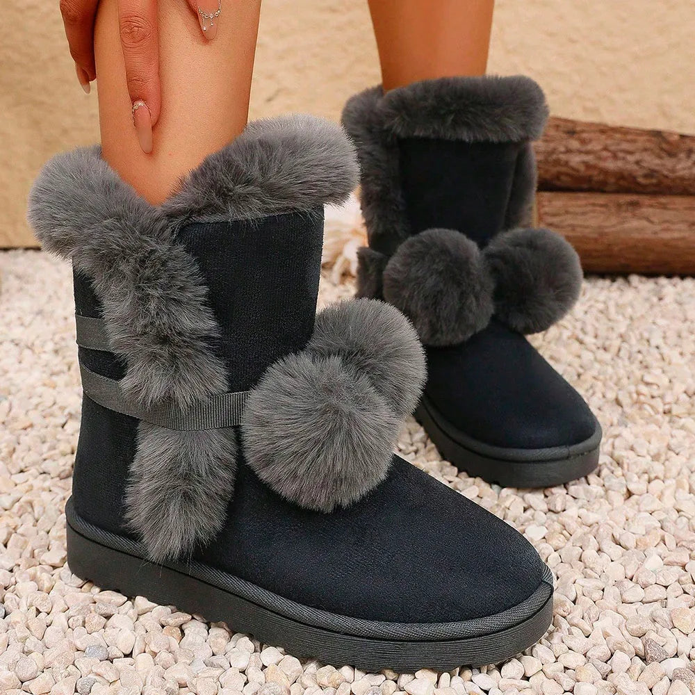 LIZAKOSHT  -  Big Size 43 Winter Cute Pink y2k Snow Boots Black Women Keep Warm Plush Ankle Boots Faux Fur Hairball Flat Comfy Outdoor Shoes