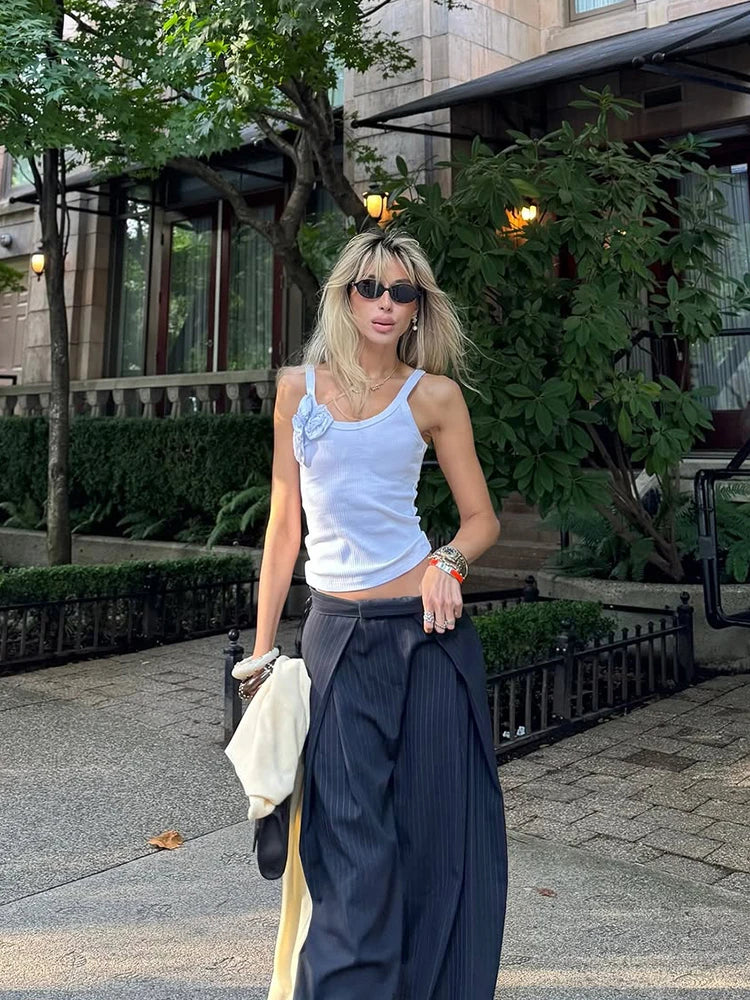 LIZAKOSHT  -  Women's Pants Woman Clothing Wide-Leg Trousers Y2k Pants Tracksuit Female Pinstripe Pleated Fashion High-Waist Casual Bottoms