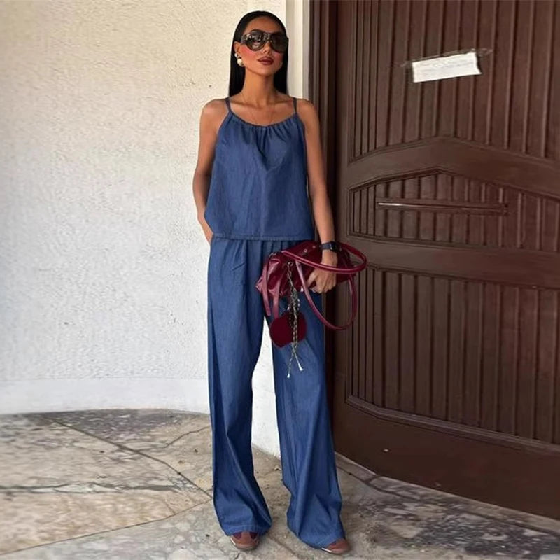 LIZAKOSHT  -  Women's Two Pieces Set Denim Pant Sets Sleeveless Tanks Tops Sets Women's Suits High Waist Wide Leg Trousers Outfit Streetwear