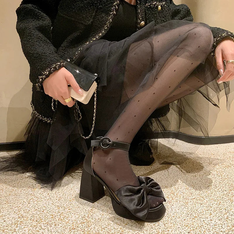 LIZAKOSHT  -  Bow Tie Platform Sandals Designer Women Heels Pump Open Toe Square Head Chunky Heel Fashion Luxury Women's Sandals Summer