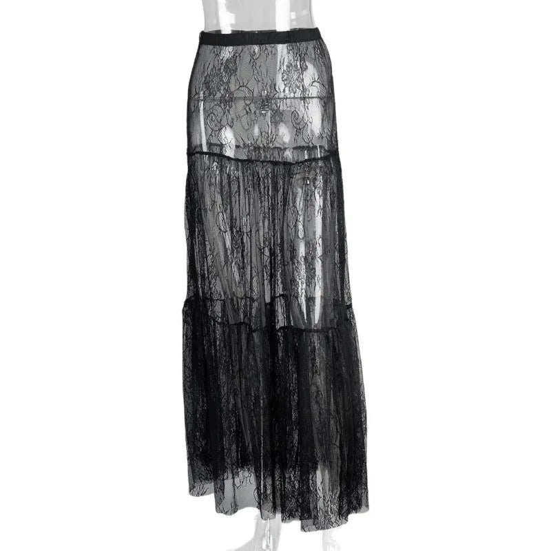 LIZAKOSHT  -  Black Lace Long Skirt 2026 Summer Sexy Perspective Niche Temperament Skirt