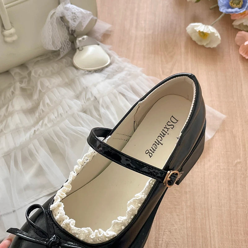 LIZAKOSHT  -  Cute Polka Dot Thick Heel Women Mary Jane Shoes Comfort Shallow Strap Pumps Ladies Eelgant Butterfly-knot Dress Single Shoes