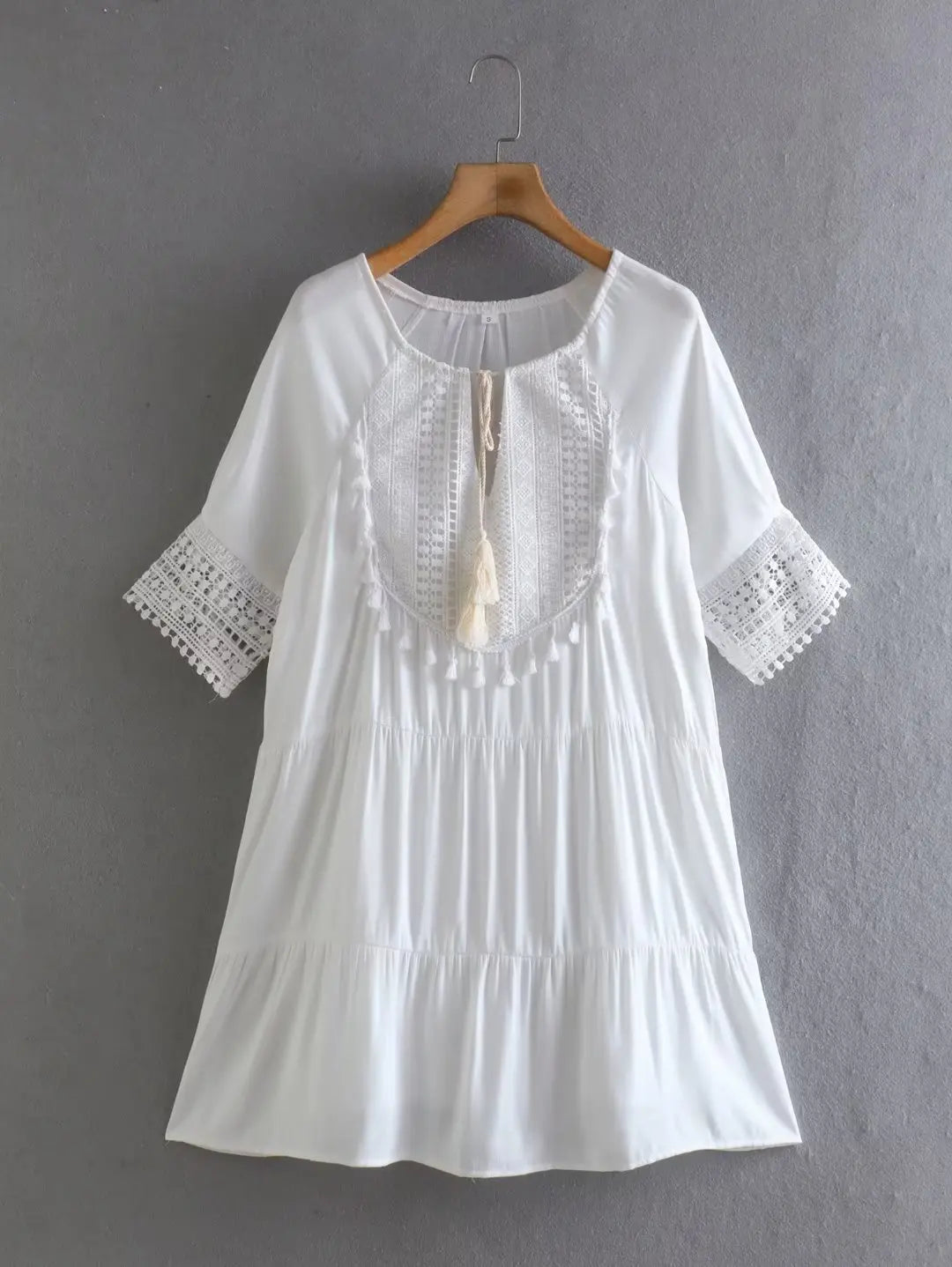 LIZAKOSHT  -  White Short Sleeve Lace Dress for Women Robe Casual Lace Up Tassel O-neck Mini Dresses Summer Boho Beach Wear Vestidos