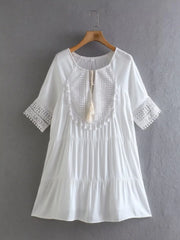 LIZAKOSHT  -  White Short Sleeve Lace Dress for Women Robe Casual Lace Up Tassel O-neck Mini Dresses Summer Boho Beach Wear Vestidos