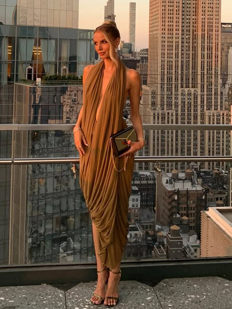LIZAKOSHT  -  Ruched Halter Maxi Dress Women Sleeveless Backless Irregular Hem Solid Vacation Classic Basis Prom Party Elegant Vestidos