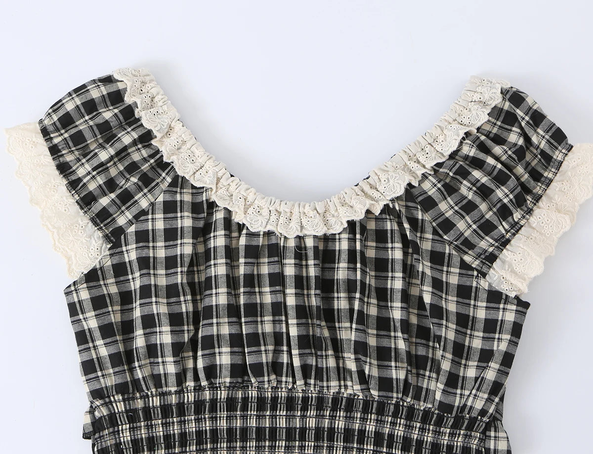 LIZAKOSHT  -  Summer Women Plaid Spliced Lace Bow O Collar Elastic Strap Tank Top Slim Corset Wood ears Slim Waist Elastic Back Crop Vest
