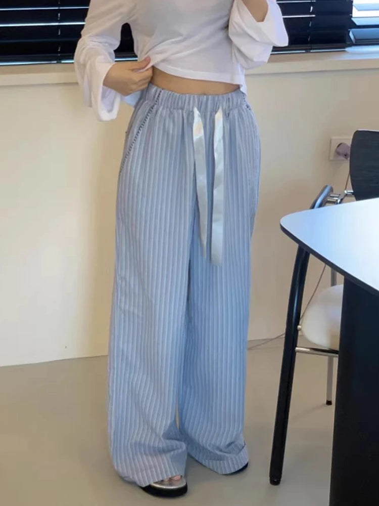 LIZAKOSHT  -  Casual Drawstring High Waist Color-blocking Striped Pants for Women Summer New Retro Loose Straight Long Wide Leg Pants