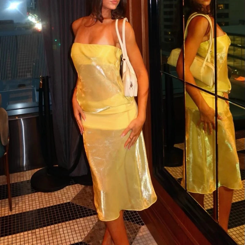 LIZAKOSHT  -  Elegant Strapless Sleeveless Draped Slim Midi Dress Fashion Shiny Solid Party Dresses Sexy See Through Patchwork Vacation Dress