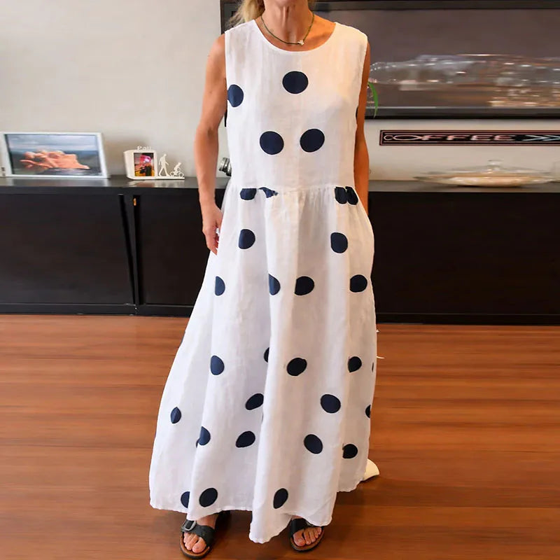 LIZAKOSHT  -  Leisure Crew Collar Sleeveless Polka Dot Printed Dress Summer Fashion Loose Pleated Maxi Dress Elegant High Waist Vacation Dress