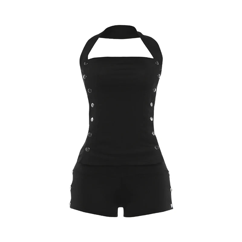 LIZAKOSHT  -  Buckle Decoration 2-Piece Set Women Halter Low-Neck Vest+Elastic Waist Mini Short Sexy Hottie Street Fashion Suit