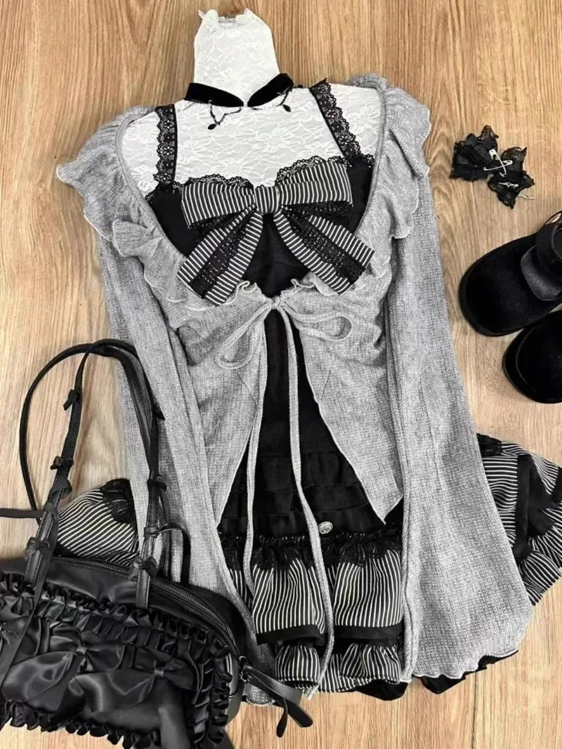 LIZAKOSHT  -  Sweet Lolita Lace Up Ruffles Cardigan+ Sexy Slim Fit Strapless Vest Tops+ High Waist Ruched Skirts Early Autumn Three Piece Sets