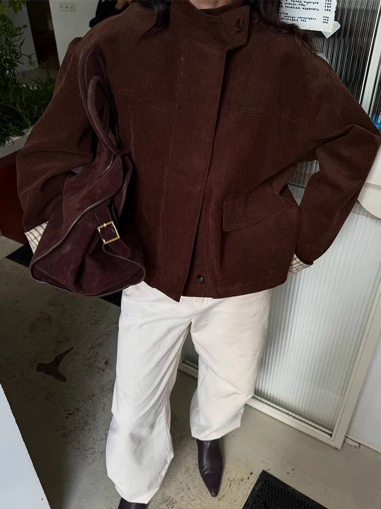 LIZAKOSHT  -  Autumn Chic Plaids Linen Solid Corduroy Coats Elegant Female Stand Collar Zipper Long Sleeves Jacket Fashion Lady Street Outwear