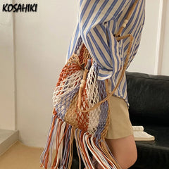 LIZAKOSHT  -  Patchwork Contrast Color Striped Shoulder Bag Vintage Hollow Out Knitted Tassel Crossbody Handbags Grunge Y2k Trendy Tote Bags