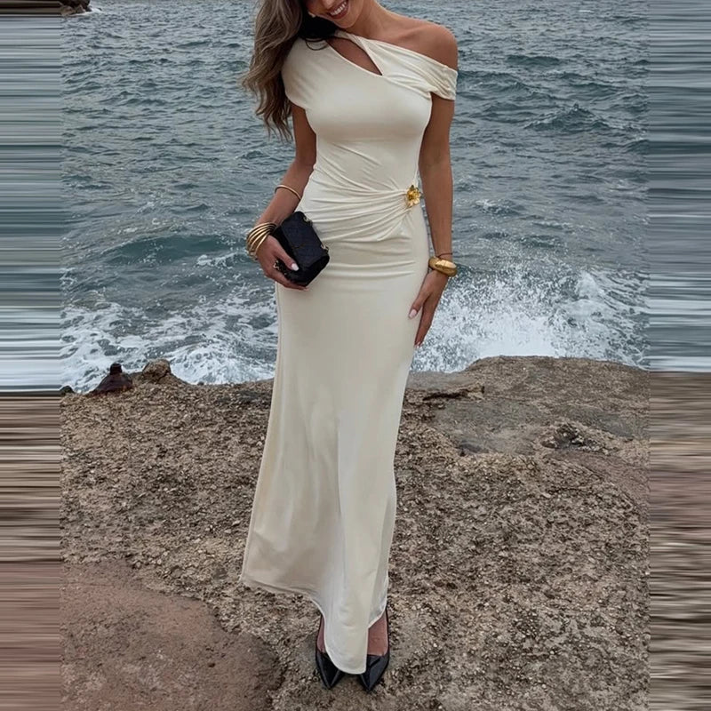 LIZAKOSHT  -  Temperament Slash Collar Hollow Out Bodycon Dress Fashion Solid Color Shawl Sleeve Party Dress Elegant Lady Beach Vacation Dress