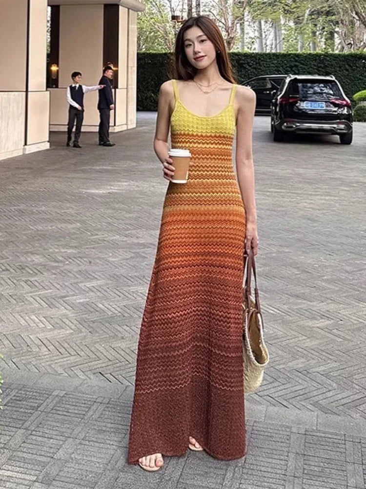 LIZAKOSHT  -  Knit Women Colorful Slip Long Casual Dress Square Collar Sleeveless Off-shoulder Slim Dresses Lady New Holiday Beach Gowns