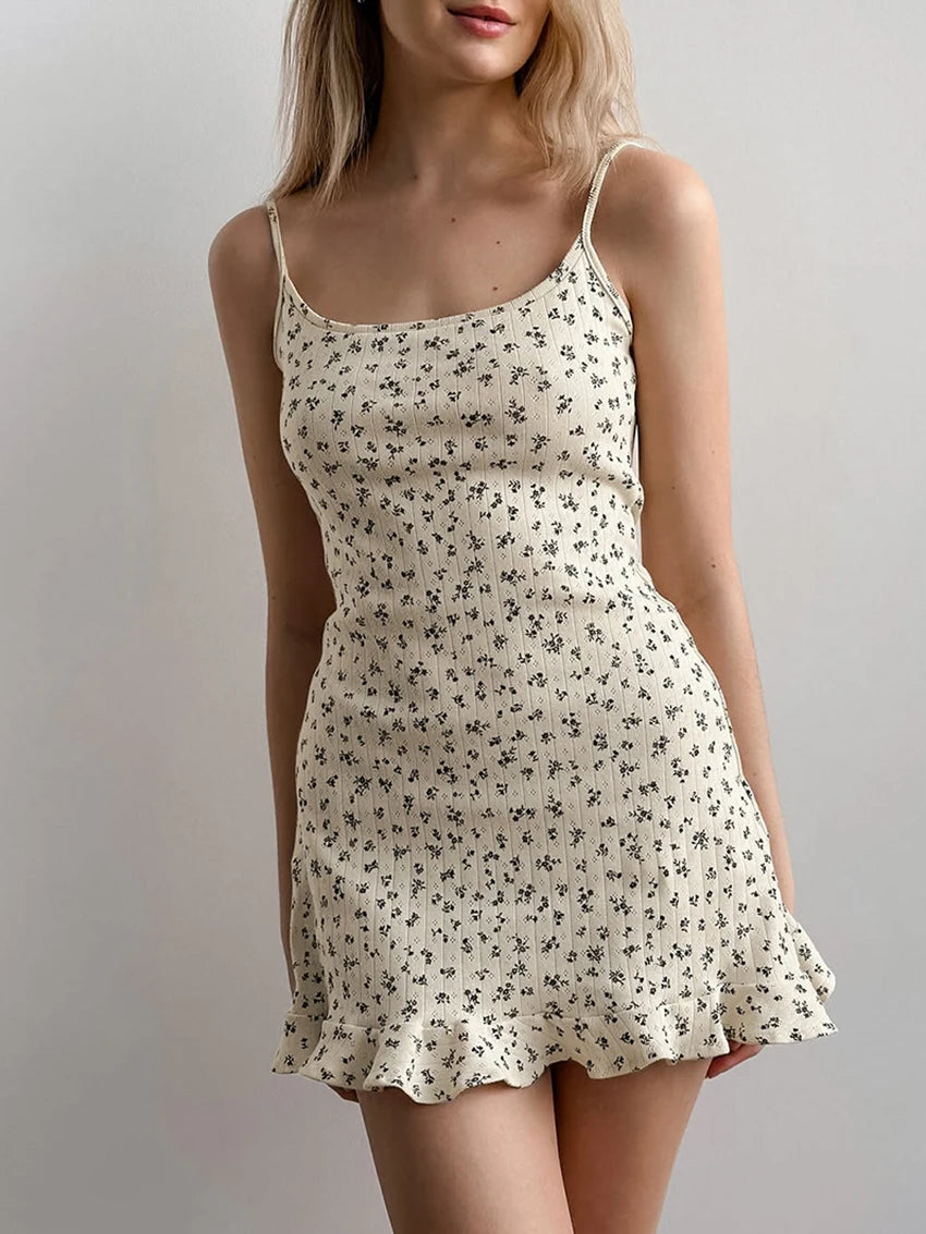 LIZAKOSHT  -  Printing Female Nightwear Backless Pajamas Spaghetti Strap Nightgown Slash Neck Nightie Mini Dress Women Home Clothes