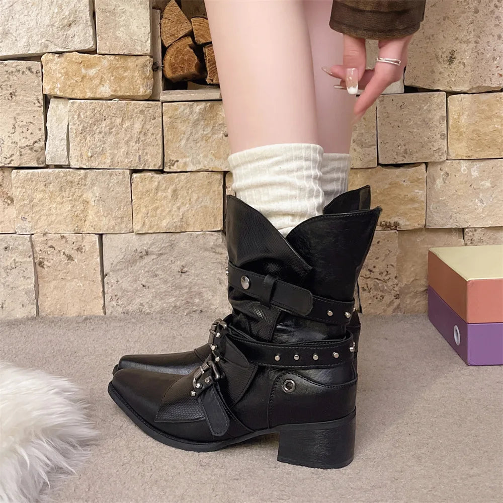 LIZAKOSHT  -  Big size 42 Fashion Pointed Toe Cowboy Boots Women Punk Rivets and Buckle Belt Ankle Booties Black Motorcycle Boots Shoes