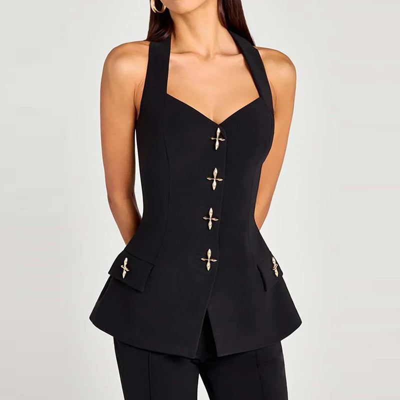 LIZAKOSHT  -  Women's Casual Commuting Solid 3 Piece Suit Elegant Button Long Sleeve Outfits Fashion Vest Top & Long Pant & Blazer Coats Sets