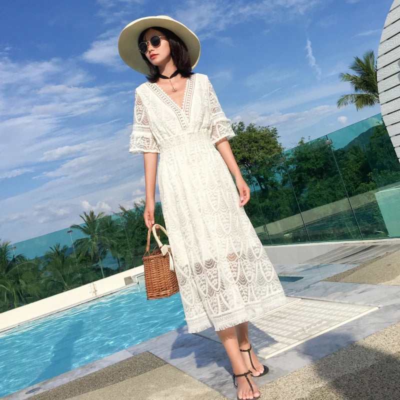 LIZAKOSHT  -  White Beach Dr Women's Summer New Orange Bellflower A-Line Midi Dr Sweet V-Ne ort Sve