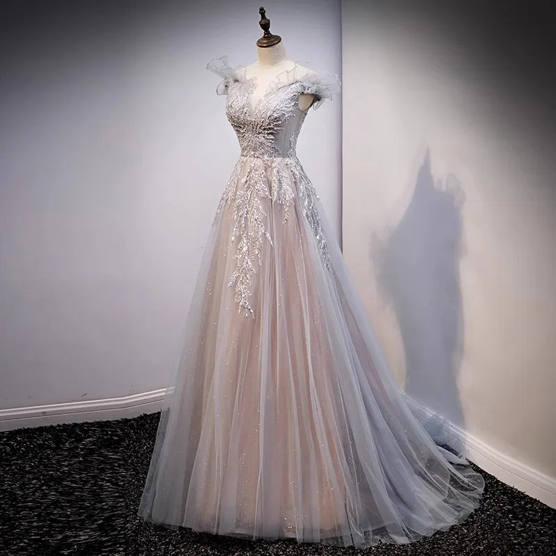 LIZAKOSHT  -  Evening Dress Female New Style Temperament Colorful Yarn High End One Shoulder Tail Host Dreamy Forest Series Vocal Art Exam