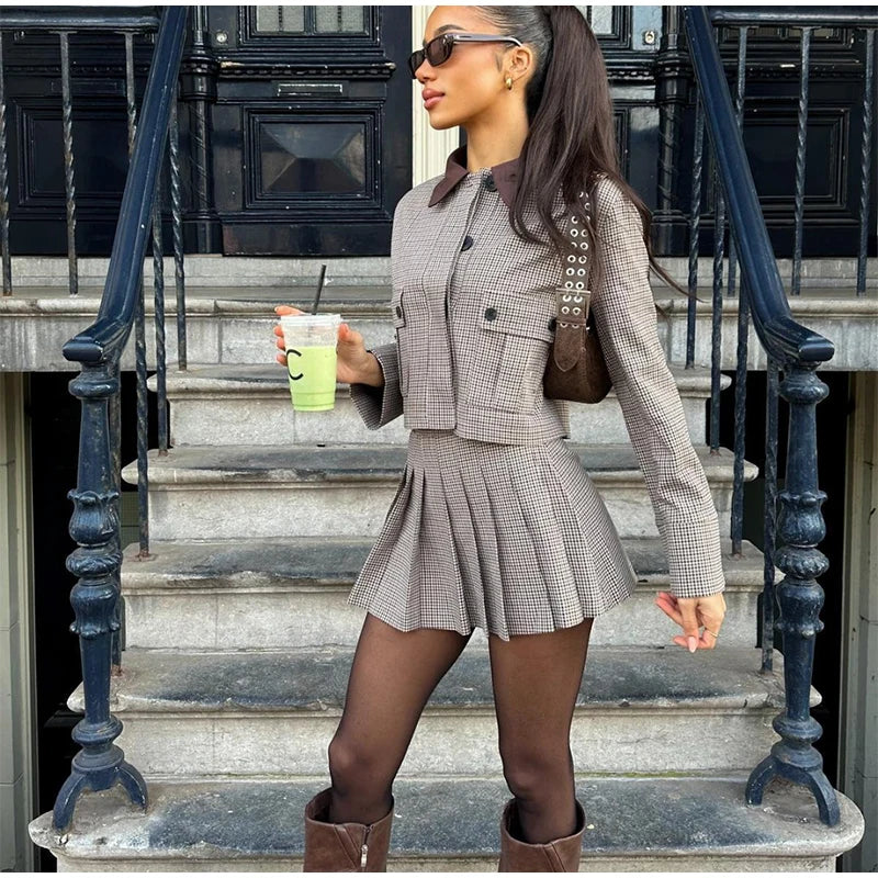 LIZAKOSHT  -  Plaid Short Jacket Pleated Skirt Set Women Chic Street Patchwork Collar Jackets Straight Pant 3 Piece Sets Lady Spring Outfit