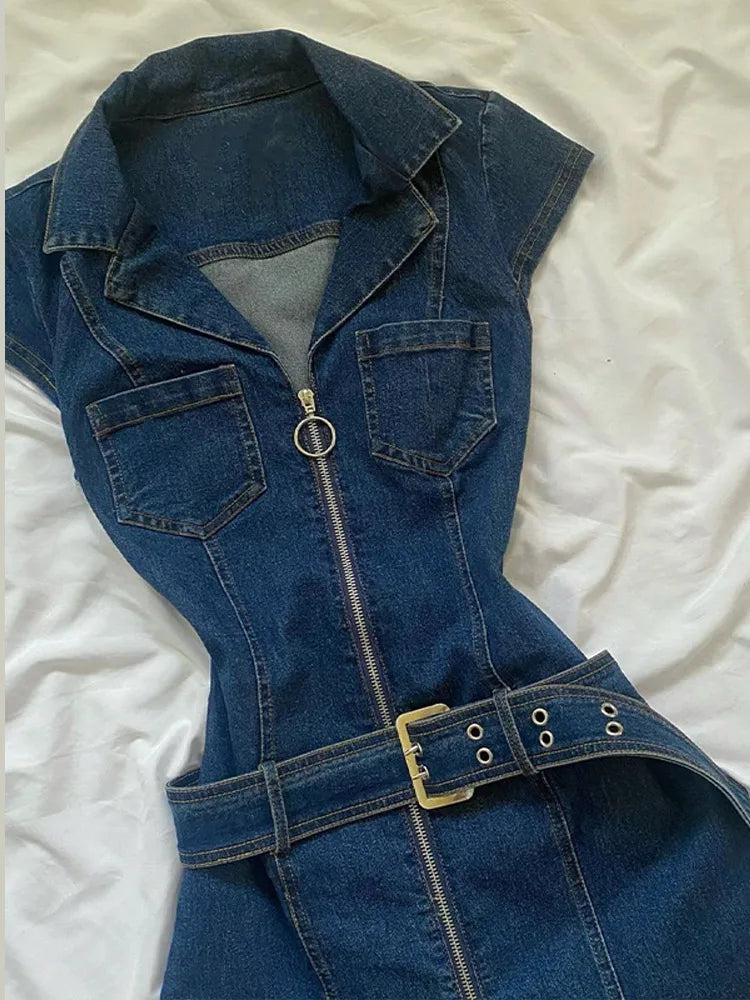 LIZAKOSHT  -  Fashion Denim Short Dress For Women Turn-down Collar Sleeveless Zipper Belt Vestidos 2025 Summer Elegant Female Casual Dresses