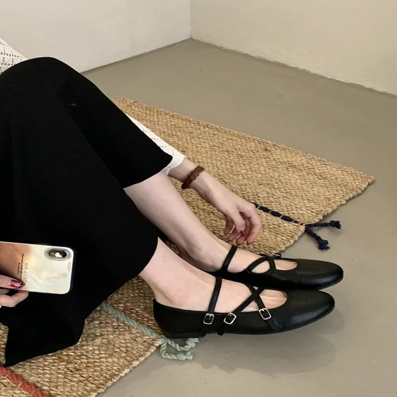 LIZAKOSHT  -  Spring New Women Mary Jane Flat Shoes Fashion Round Toe Slip On Footwear Ladies Elegant Cross Belt Ballet Shoes
