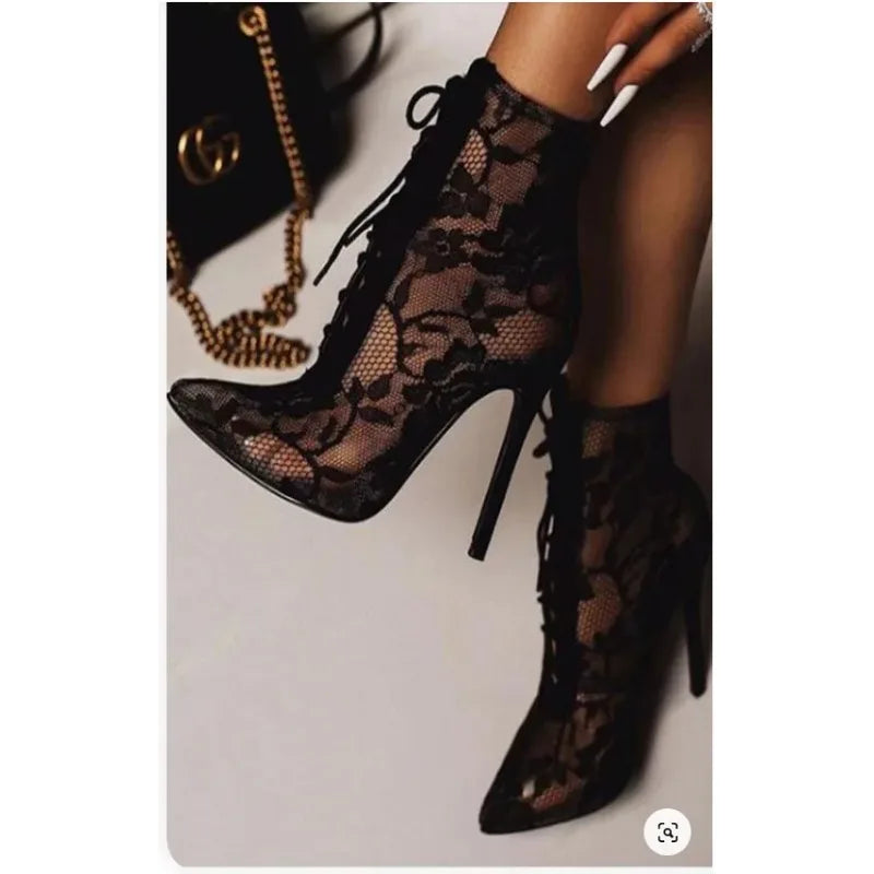 LIZAKOSHT  -  New Black Mature Mesh Women Boots High Heel Pumps Floral Lace-Up Thin High Heels Ankle Pointed Toed Party Wedding Shoes